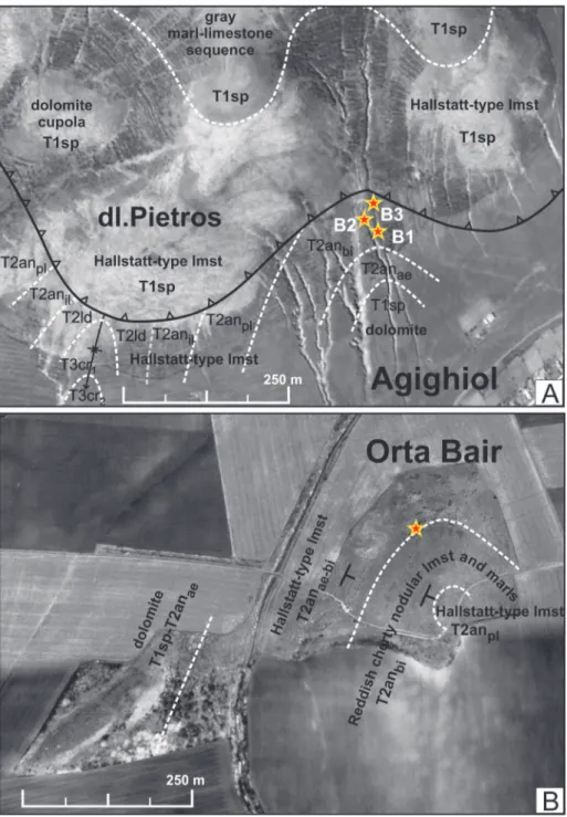 Fig. 3 - Google Earth images (data ©  2012  Digital  Globe)   show-ing  the  locations,  by  stars,  of   the  studied  Bithynian  brachiopods  at  the  hills  of   the Agighiol village, with B1,  B2 and B3, and at the hill of   Orta Bair