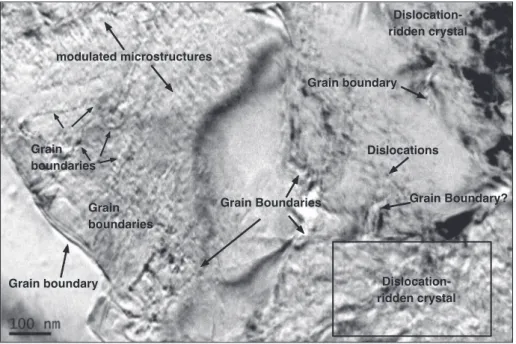 Fig. 3 - TEM image of  FIB foil  obtained from dolomicrite  peloid from DP LC1 facies  at  50,000x  magnification  (base of  photograph is circa  0.5 micrometres), showing  two types of  crystal  struc-ture