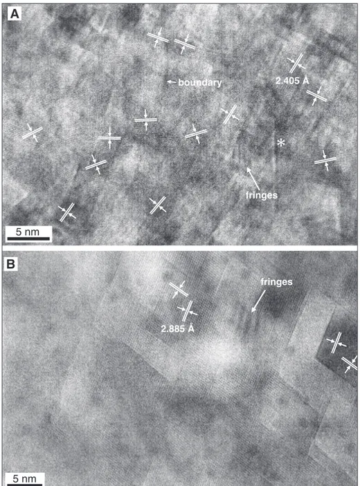 Fig. 4 - A) Close up of  framed area in  Fig. 3 at 600,000x  magnifica-tion. The light and dark  con-trasts are nanocrystals with  diverse orientations (as  indi-cated)