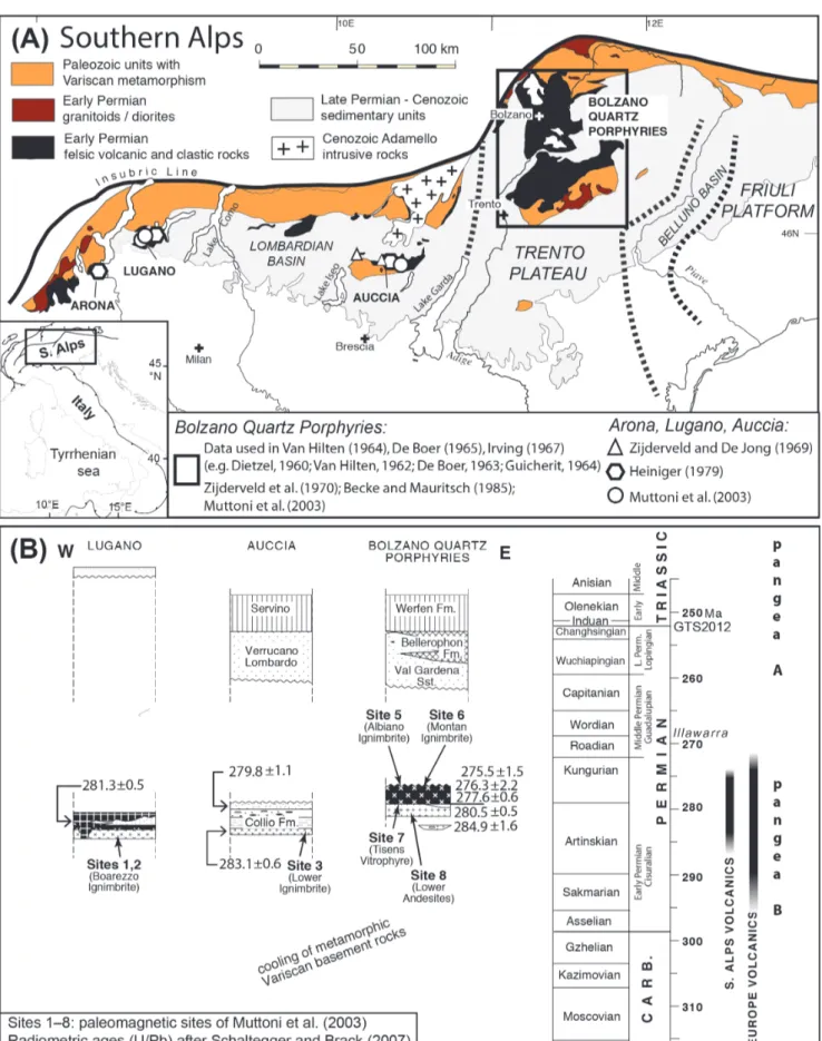 Fig. 1 - A) Geologic sketch map of  the Southern Alps with location of  various sampling areas in Early Permian volcanic units discussed in  the text