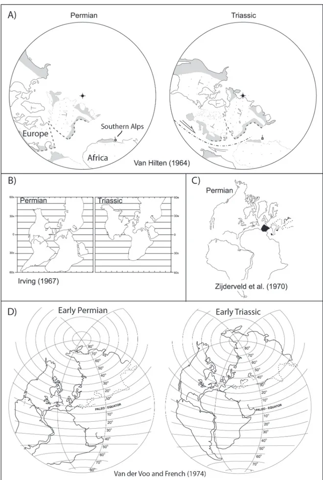 Fig. 3 - Permian–Triassic paleogeographies according to A) Van Hilten (1964), B) Irving (1967), C) Zijderveld et al
