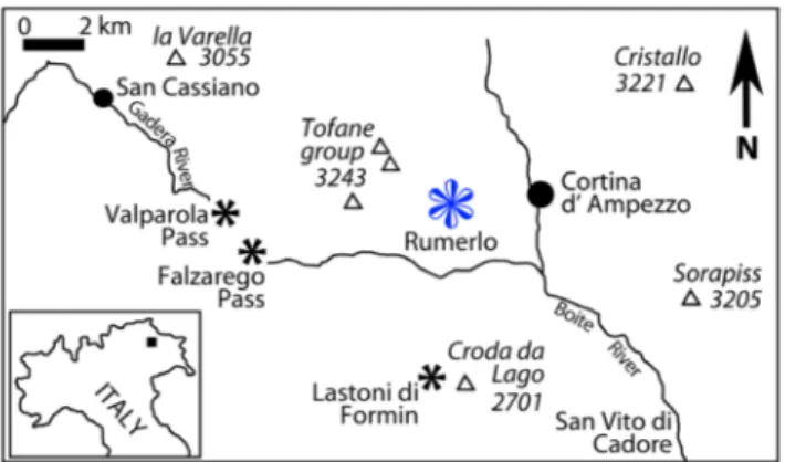 Fig. 1 - Sketch map with Rumerlo locality near Cortina d’Ampezzo,  Dolomites, Northern Italy.