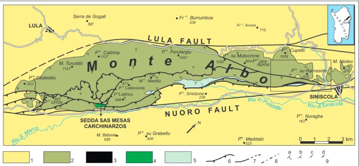 Fig. 1 - Geological sketch map of  the Mt Albo massif. Legend: 1) Palaeozoic basement