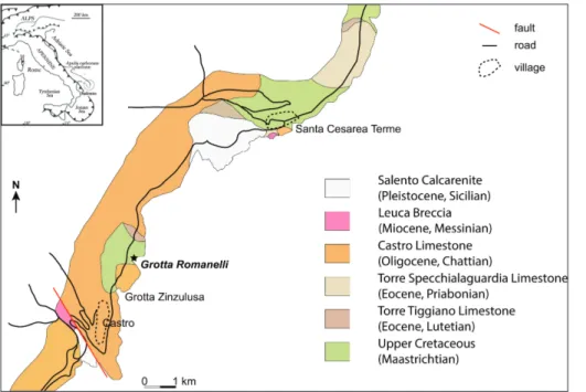 Fig. 1 - Geographical location of   Grotta Romanelli and  sche-matic geological map of  the  area (modified from  Boselli-ni et al