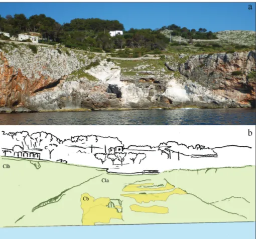 Fig. 2 - The Grotta Romanelli bay: (a)  panoramic photo of  the bay  (photo by Ilaria Mazzini); 