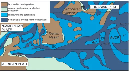 Fig. 3 - Palaeogeographic map of  the  present  peri-Mediterranean  area  for  late  Sinemurian