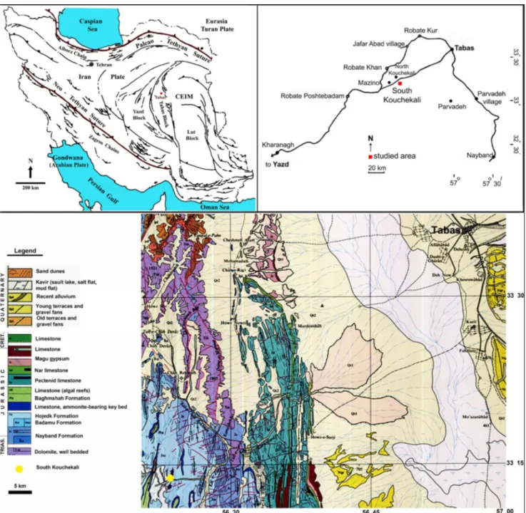 Fig. 1 - Sketch map of  Iran and the location of  the studied core section of  South Kouchekali and the geological map of  Tabas Block (Simpli- (Simpli-fied tectonic map of  Iran showing the main structures; CEIM= Central East Iranian Microcontinent; modi(