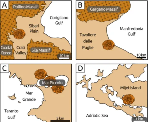 Fig. 7 - Location and general geologi- geologi-cal setting of  the large  build-ups of  Cladocora caespitosa