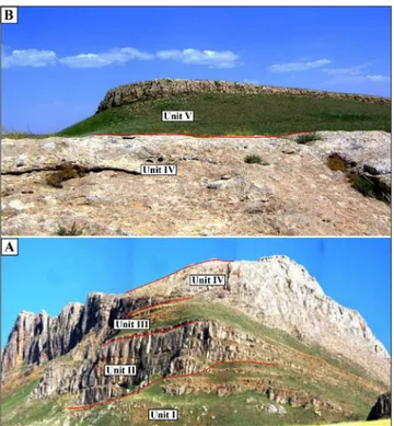 Fig. 2 - Outcrops of  the Qom Formation at Miankuh. (A) General  view of  the lower and middle parts of  the section including  the Units I-IV