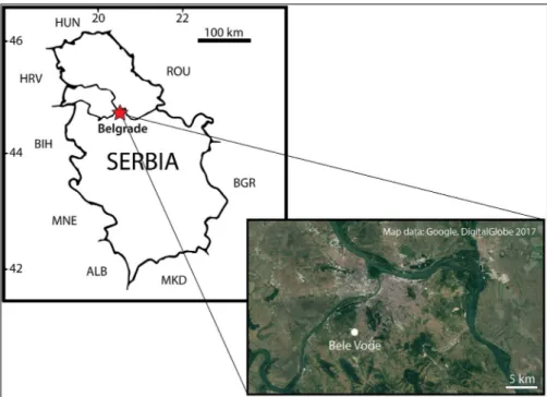 Fig. 1 - A simplified geographic po- po-sition of  Belgrade and the  Bele  Vode  site  with  a   satel-lite view.