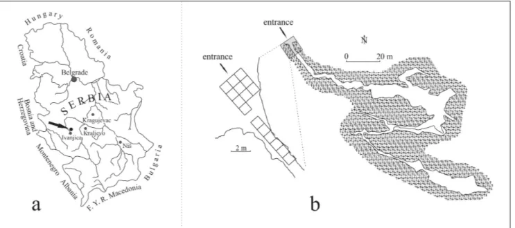 Fig. 1 - (a) Geographic position of  the cave. (b) Plan of  the cave with the position of the trench.
