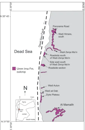 Fig. 1 - Location of  the Permian to Triassic Umm Irna and Ma’in  formations outcrops along the Dead Sea margins including  the Dyke Plateau locality studied in this paper (based on  Stephenson &amp; Powell 2013).