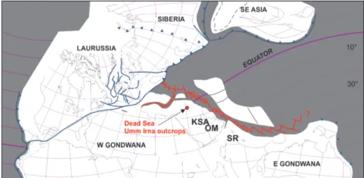 Fig. 4 - Palaeogeographical map  showing the location of  the  Dead Sea outcrops in Late  Permian  time