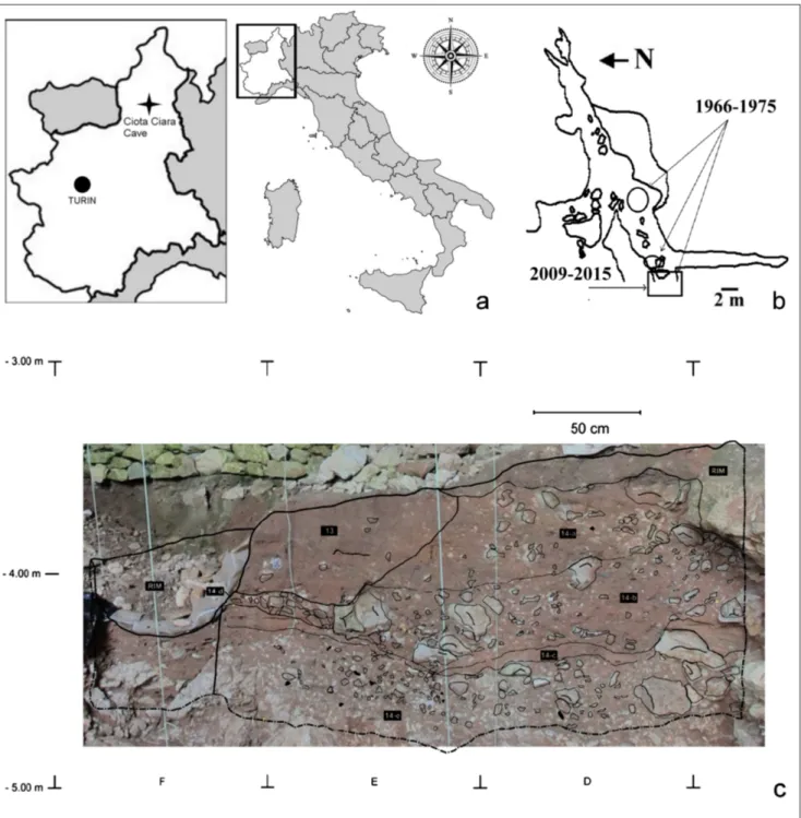 Fig. 1 - The Ciota Ciara Cave; a: location map of  Monte Fenera (Piedmont, Italy) and the Ciota Ciara Cave; b: map of  the excavation site; c: 