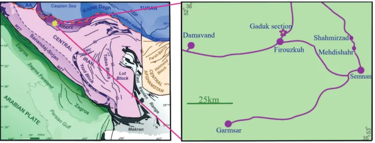 Fig. 1 - Position of  the studied area, East of  Firuzkuh (Central Alborz, Iran) on the schematic tectonic map of  Iran (modified from Zanchi  et al