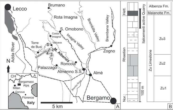 Fig. 1 - A) Location map of  the sampling area (modified from Muttoni et al. 2010). Position of: (1) the studied “Italcementi active quarry” 