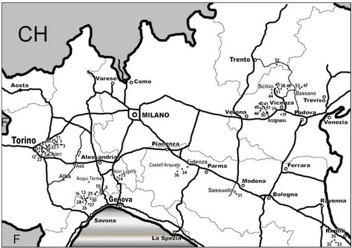 Fig. 1 - Sketch map of  Italian naticid  localities; locality numbers  are those in the Appendix.