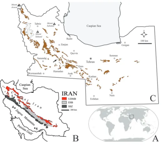 Fig. 1 - Outcrops of  the Qom For- For-mation in Central Iran. A) Location of  Iran on the  world map