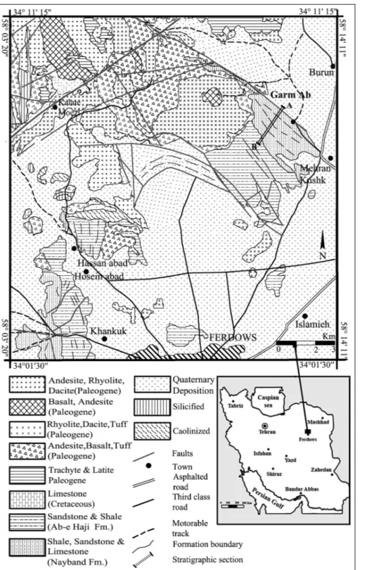 Fig. 1 - Geological map and location of the studied section of Garm Ab in the northeast of Ferdows