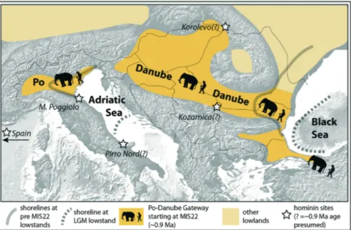 Fig. 4 - Paleogeographic scenario of our revised migrate-with-the-herd hypothesis of earliest expansion of hominins (and large mammals) from the Gates of Europe into Europe across the postulated Danube-Po Gateway during the EPR