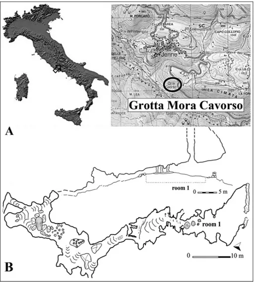 Fig. 1 - Grotta Mora Cavorso: A) lo- lo-cation of the site; B) partial longitudinal section (up) and complete plan (down) of the cave.