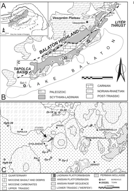 Fig. 1 - A) Main tectonic units in the wider surrounding of the Pannonian Basin. The  rec-tangle outlines the Balaton Highland (after KovaÂcs et al