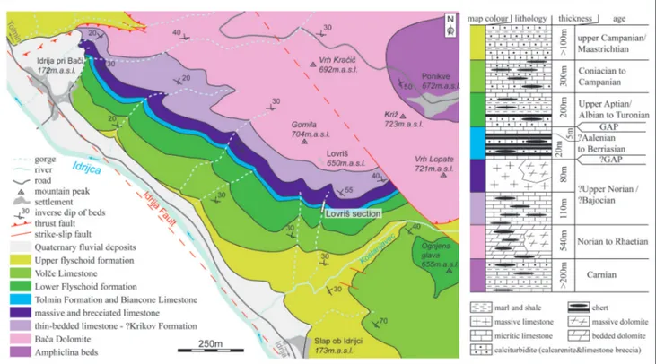 Fig. 2 - Geological map with schematic stratigraphic column of the Ponikve Klippe.