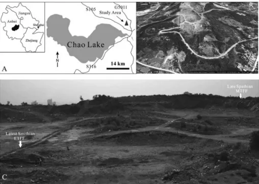 Fig. 1 - A, B) Localization of Majiashan quarry in Chaohu City, Anhui Province, South China.