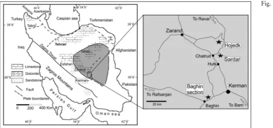 Fig. 1 - Palaeogeographic map of Iran (redrawn from Wendt et al. 2005), showing the roads and locations of the studied sections in the  Ker-man area, southeastern  cen-tral Iran