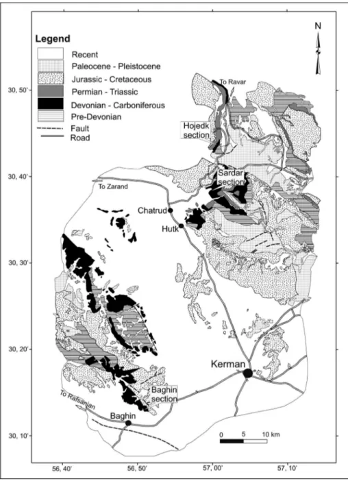 Fig. 2 - Simplified geological map of Kerman area (compiled from Sahandy 1991 and  Zohreh-bakhsh et al