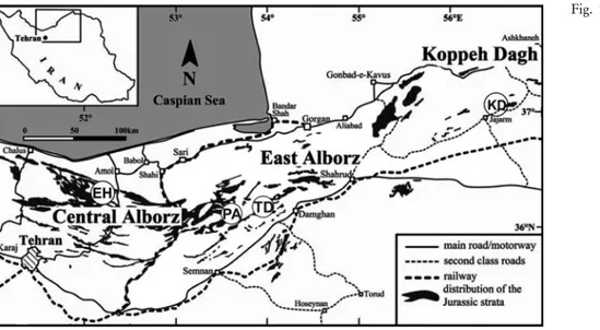 Fig. 1 - Location of the section Tel- Tel-ma-Dareh (TD) and other localities mentioned in the text in the context of the  Jur-assic outcrops of the  Cen-tral-East Alborz Mountains, North Iran