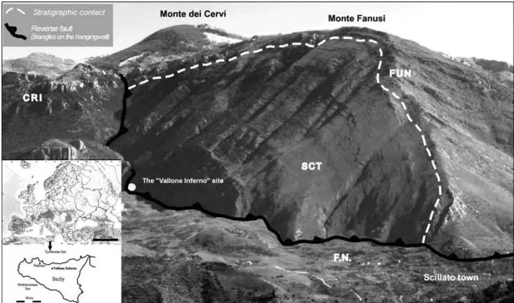 Fig. 1 - Panoramic view and stratigraphic sketch of the Vallone Inferno site in the Madonie area (Palermo, Sicily), Imerese Basin Domain: