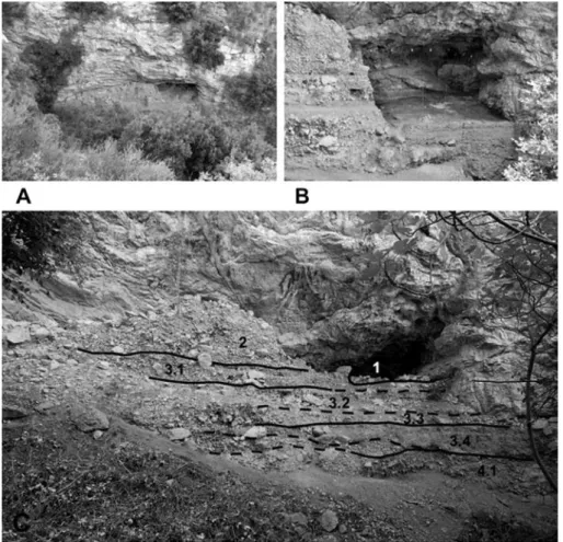 Fig. 2 - A) General view of the Val- Val-lone Inferno rock-shelter in 2008, before the excavation;