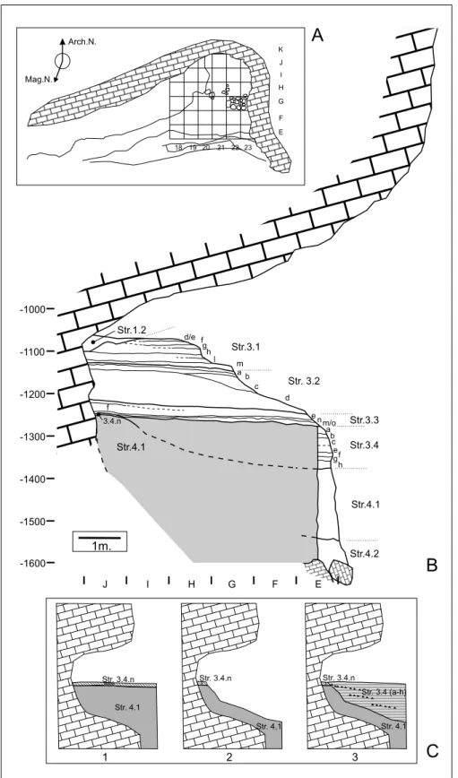 Fig. 3 - A) General plan of the Val- Val-lone Inferno archaeological area, before the excavation;