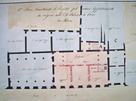 Figura 3 - G. Tazzini, l’appartamento con la Sala delle Quattro Colonne, 1 .mo  Piano dimostran- dimostran-te il Progetto pel nuovo Appartamento da erigersi nell’I.R