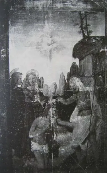 Figura 2 - Pittore prospettico (ambito di Zenale e di Leonardo), Battesimo di Cristo, anta  aperta dell’organo settentrionale del Duomo di Monza, foto dagli originali di Alfieri e  La-croix (Malaguzzi Valeri 1910, p