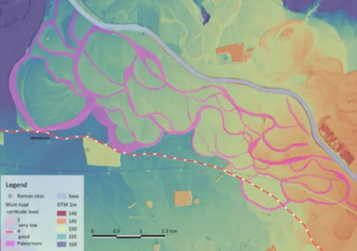 Fig. 5: Position des sites et de la viabilité principale d’époque romaine dans la région de  Neviodunum et identification des paléo-lits méridionaux de la Save sur le Modèle  Numé-rique de Terrain dérivé de prospections LiDAR (résolution 1 mètre), délivré 