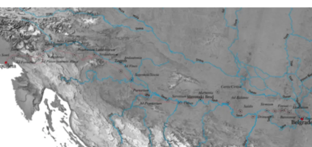 Fig. 1: Carte générale de la région traversée par la route Aquilée-Belgrade. En bleu, les  rivières principales et, en rouge, le tracé générique de l’itinéraire