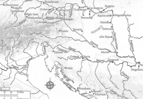 Fig. 2: Habitats et camps militaires le long du Danube et de ses confluents, rédigée par le  Ancient World Mapping Center de l’University of North Carolina (c ampbeLL  2012, fig.7).