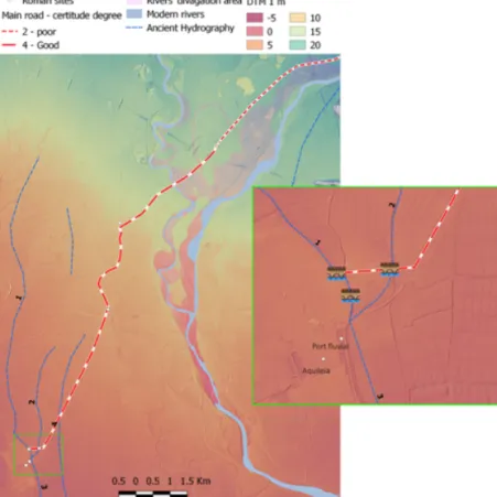 Fig. 3: Le rapport entre viabilité romaine, hydrographie antique et contemporaine. 1 : pa- pa-léo-lit du Torre (Pline le Vieux nous parle du fleuve Turro : Plin