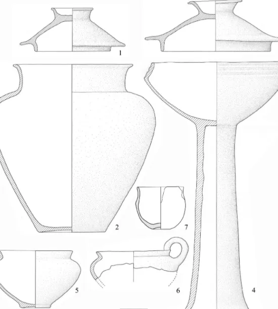Fig. 3 – Olla con ciotola coperchio (nn. 1-2); coppa ad orlo gradiforme con coperchio (nn
