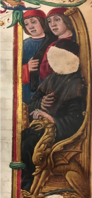 Fig. 2 - Anonimo miniatore lombardo, Ritratto di  Bonifacio Simonetta, in De harmonia musicorum  instrumentorum opus, Lodi, Biblioteca Comunale  Laudense (ms