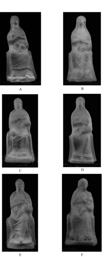 Fig. 5.A-F. Figurine femminili assise con bambino, tipo I, alcuni sottotipi (foto autore su  concessione del Museo Provinciale Campano)