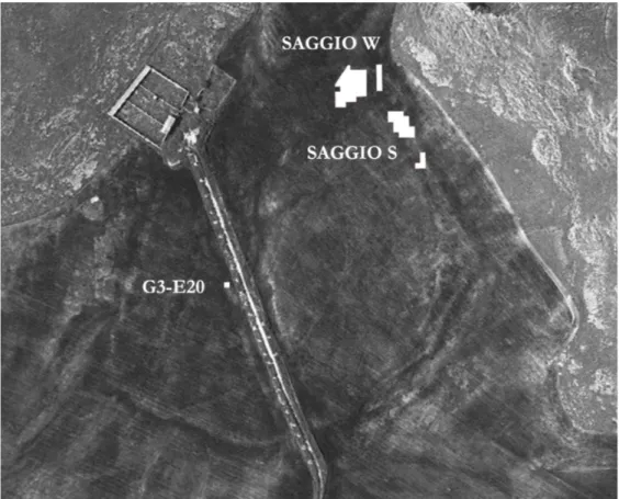Fig. 4: Fotografia aerea dell’area occupata dall’insediamento di Jazzo Fornasiello,  con l’indicazione dei saggi condotti finora (rielaborazione di Alessandro Pace).