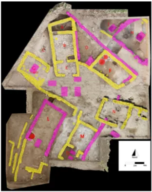 Fig. 5: Saggio W, “Complesso Alfa”, ortofoto indicante in giallo le strutture e le  tombe di IV sec