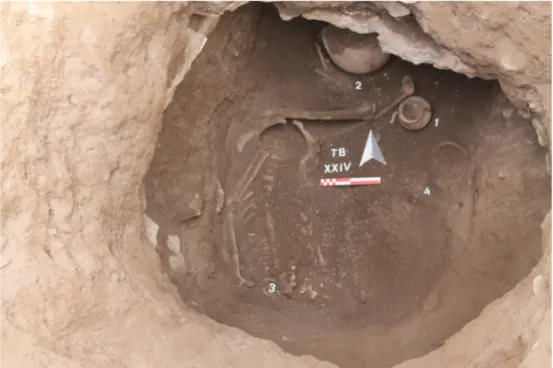 Fig. 9: Tomba XXIV, del tipo a fossa scavata nel banco roccioso con scheletro a  gambe piegate e corredo ancora in situ (Archivio fotografico dell’Università degli 