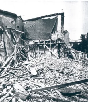 Fig. 6: «Il refettorio col Cenacolo  dopo il crollo dell’agosto 1943  (Sul-lo sfondo la pittura con la  protezio-ne)» (r occo  1947, immagine fuori  testo dopo p