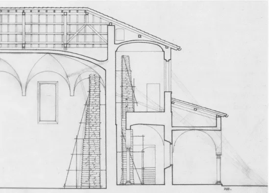 Fig. 7: Sezione del refettorio (siglata R.B.) con le opere di protezione realizzate nel 1940  e il progetto, disegnato dopo i bombardamenti del 1943, della tettoia di protezione del  di-pinto e dei puntelli sulla parete retrostante messi in opera subito do