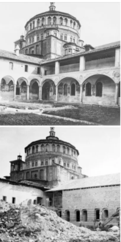 Fig. 11: Il lato sud del Chiostro dei Morti prima dei  bombardamenti (in alto) e dopo la ricostruzione