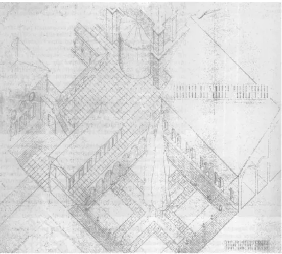 Fig. 13: Elio Frisia, Convento di S. Maria delle Grazie. Chiostro dei Morti, proposta per la  ricostruzione, assonometria (ASPMi, Archivio Elio Frisia, S.37, Progetto di ricostruzione  del Chiostro e del Convento di S